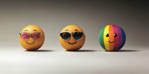 Three emoji faces designed on round objects, two with sunglasses and one with a rainbow pattern, symbolizing diversity, happiness, and self-expression