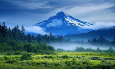Fototapeta premium A foggy mountain landscape showcasing a green meadow, forest, and an impressive peak in the background. Great for nature, travel, and scenic photography.