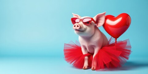A playful pig wearing a tiny red tutu skirt and holding red heart shaped balloon at blue background.Valentine  and 14th february , love and romance concept.