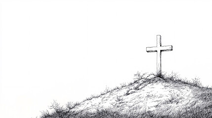 a monochrome sketch of a wooden cross standing on a grassy hill with rough textures and a minimalistic style
