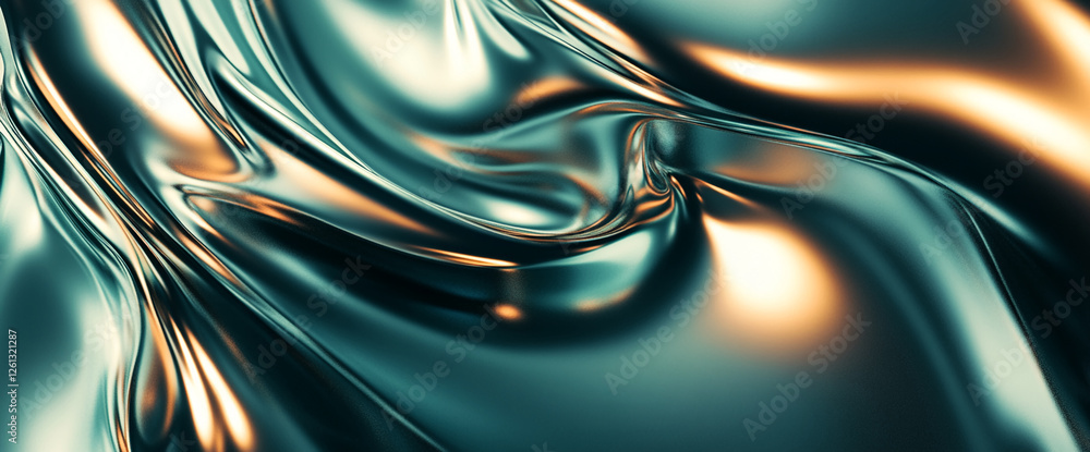 Poster Abstract smooth flowing metallic liquid texture in shades of blue and orange, creating a sleek modern design with reflective properties
