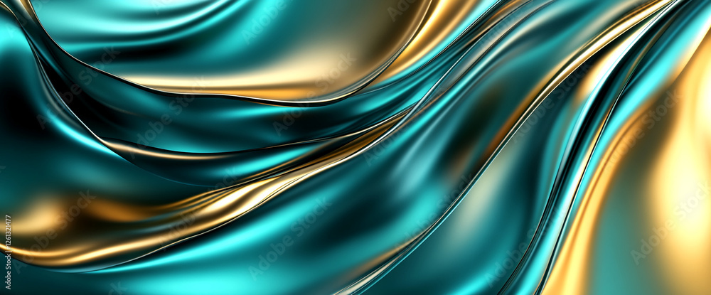 Poster Abstract shiny metallic liquid surface with smooth flowing textures in shades of teal and gold, creating a dynamic fluid design with glossy and reflective qualities