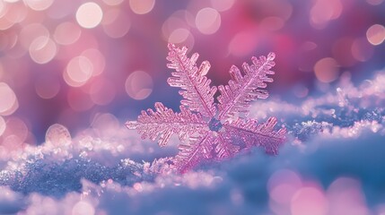 A detailed pink snowflake resting on a snowy surface, with a soft, pastel bokeh background adding a magical touch