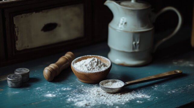 An image of baking powder being measured in a tablespoon on a vintage kitchen counter