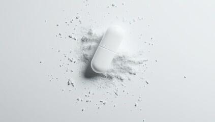 White pill on a light gray surface with shattered powder