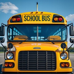 Front View of Traditional Yellow School Bus with 'SCHOOL BUS' Sign and Red Lights