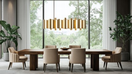 Obraz premium Contemporary dining room with elegant wood table and soft beige chairs