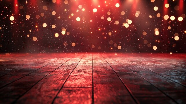 A dramatic empty stage with a sparkling red background and soft bokeh lights, setting the tone for an exciting performance.