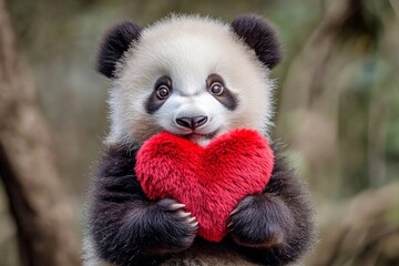 Fototapeta premium Cute panda baby with fluffy red heart on in a natural habitat. Digital ads animal conceptual art. Panda - my treasured animal. Cute and affectionate animals. Wild animals showing affection.