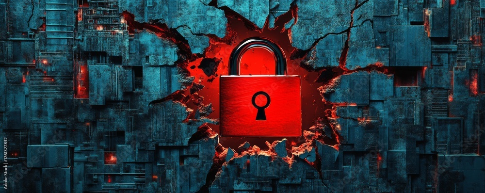 Poster hacker attack. security breach, system hacked, internet cyber attack alert with red broken padlock, 