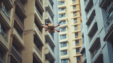 Urban Drone Delivery: Drone Hovering Above Rooftop to Deliver Package to High-Rise Apartment, Showcasing Innovative Technology for Elevated Urban Deliveries