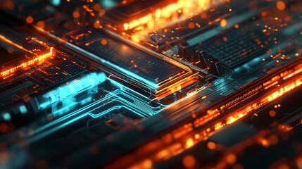 Obraz premium a close-up of a high-tech motherboard with vibrant blue and orange glowing energy pulses moving dynamically 