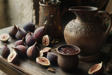 fig jam in a rustic jar on a wooden table, with freshly cut figs around it