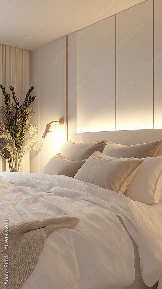 Poster Cozy bedroom featuring soft pillows and bedding with a minimalistic design, complemented by ambient lighting and a decorative plant, creating a calm and serene atmosphere.