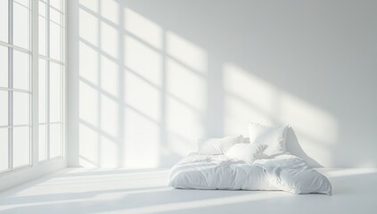 Sunlit white bedroom interior with bed