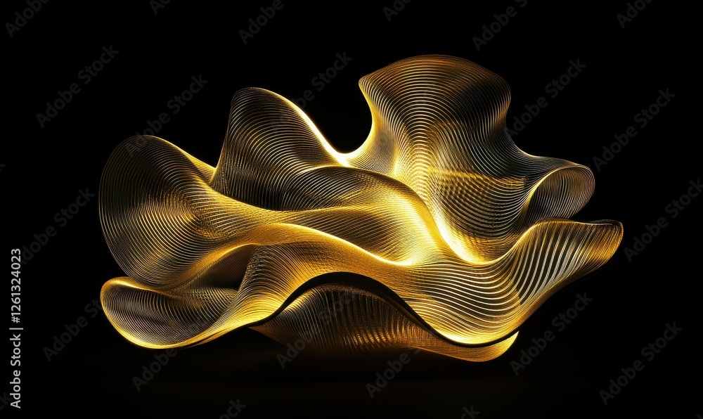Poster abstract golden light trails creating dynamic shapes and patterns against a deep black background, s