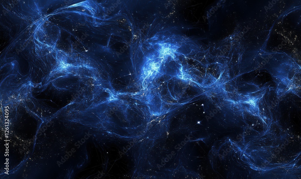Poster abstract dark blue digital background with sparkling blue light particles and areas with deep depths