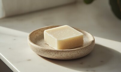 A soap bar placed on a ceramic dish