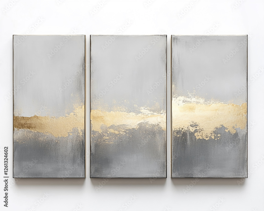 Poster abstract triptych artwork featuring a striking gold brushstroke across three panels with a muted gra