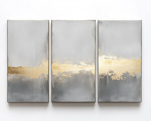 Abstract triptych artwork featuring a striking gold brushstroke across three panels with a muted...