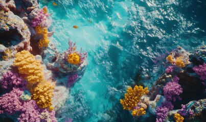 Fototapeta premium Aerial shot of a coral reef teeming with marine life in turquoise waters, showcasing the vibrant ecosystem and natural beauty of the ocean.