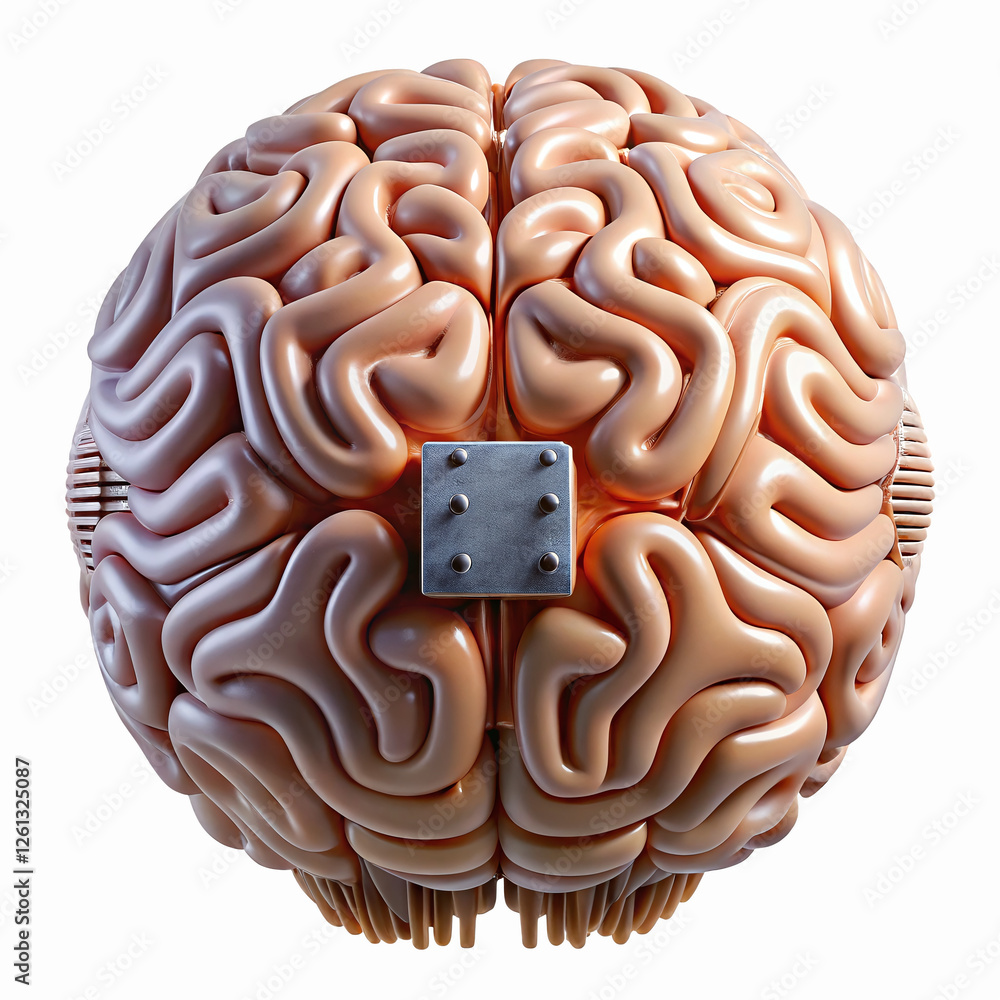 Poster artificial intelligence brain model with metallic implant representing future technology concepts