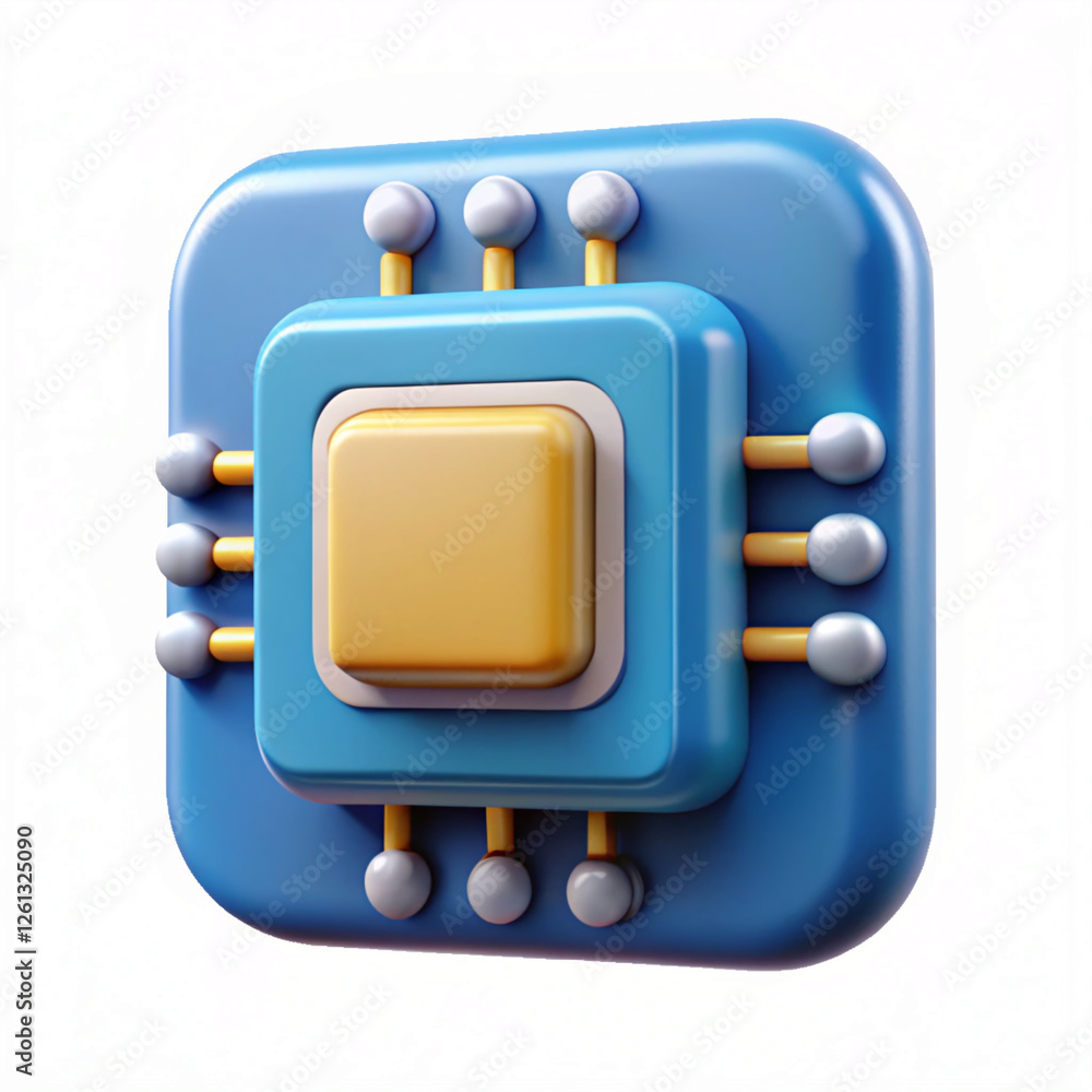 Poster blue and yellow 3d microchip icon with circuit connections for technology and digital concepts