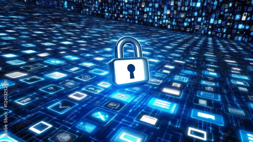 Poster unlocking the future a digital lock suspended above a dynamic data grid technology environment digit