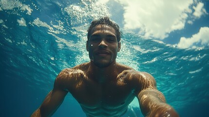 Man swimming underwater, capturing a joyful moment in the ocean