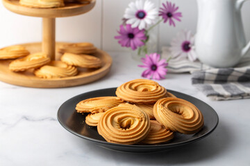 Sweet and tasty round butter cookies. Round ring shaped German spritz biscuits