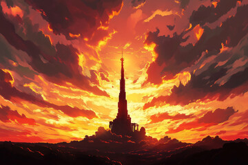 Obraz premium Radio tower silhouette against a dramatic sunset sky