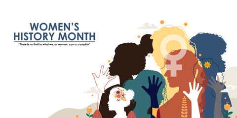 Womens History Month background. Women's day illustration. Poster with different women. 8 march