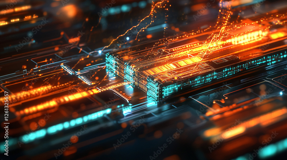 Poster futuristic glowing circuit board illustration with blue and orange light streams representing advanc