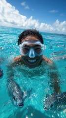 Fototapeta premium Smiling boy snorkeling in clear blue water surrounded by fish