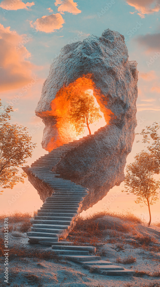Leinwandbilder staircase carved into a rock formation leading to a tree surrounded by glowing light, symbolizing ho