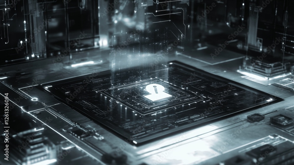 Poster digital lock activation floating grid visual representation cyber environment futuristic viewpoint s