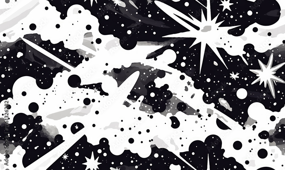 Poster seamless pattern featuring black and white cosmic theme with stars, sparkles, and abstract shapes, c