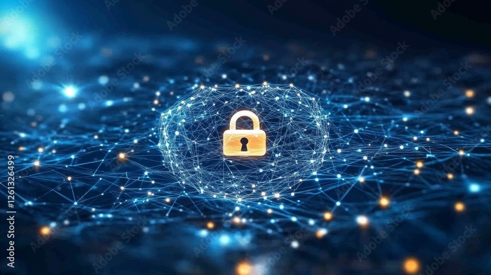 Poster unlocking digital security hovering lock above interconnected grid technology virtual space futurist
