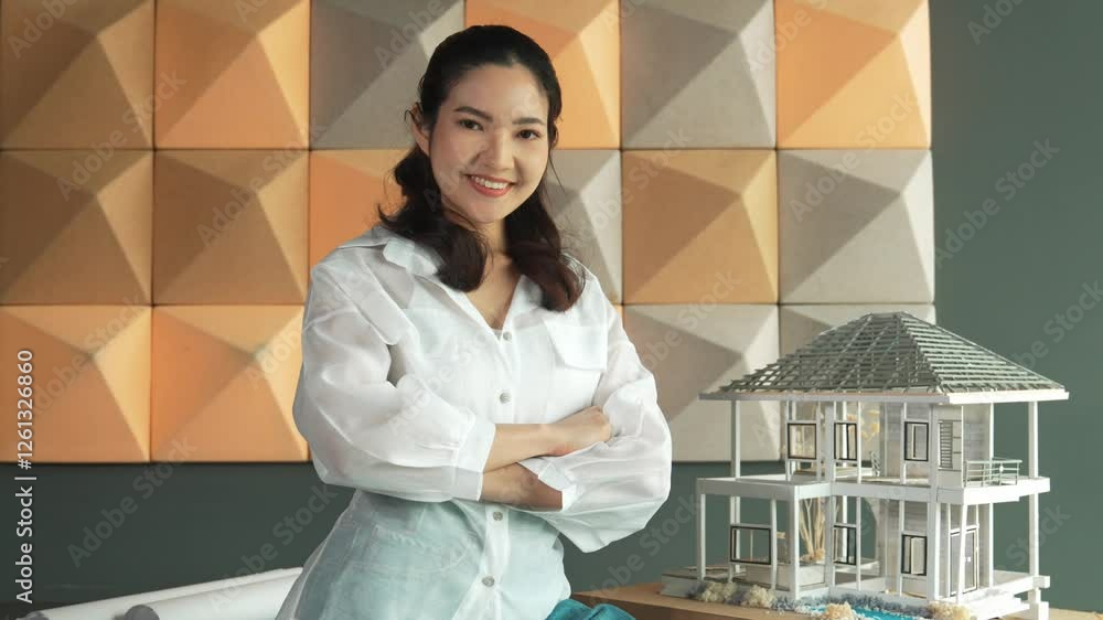 Poster portrait of professional architect engineer smiling looking at camera confidently with arm folded wh