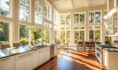 Bright and airy kitchen with large windows and stylish design featuring a wood floor