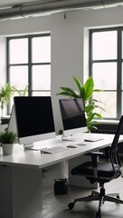 Fototapeta premium Modern office scene featuring two workstations with computers Digital Rendering