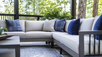 Obraz premium Modern outdoor patio with sleek sofa and lush greenery