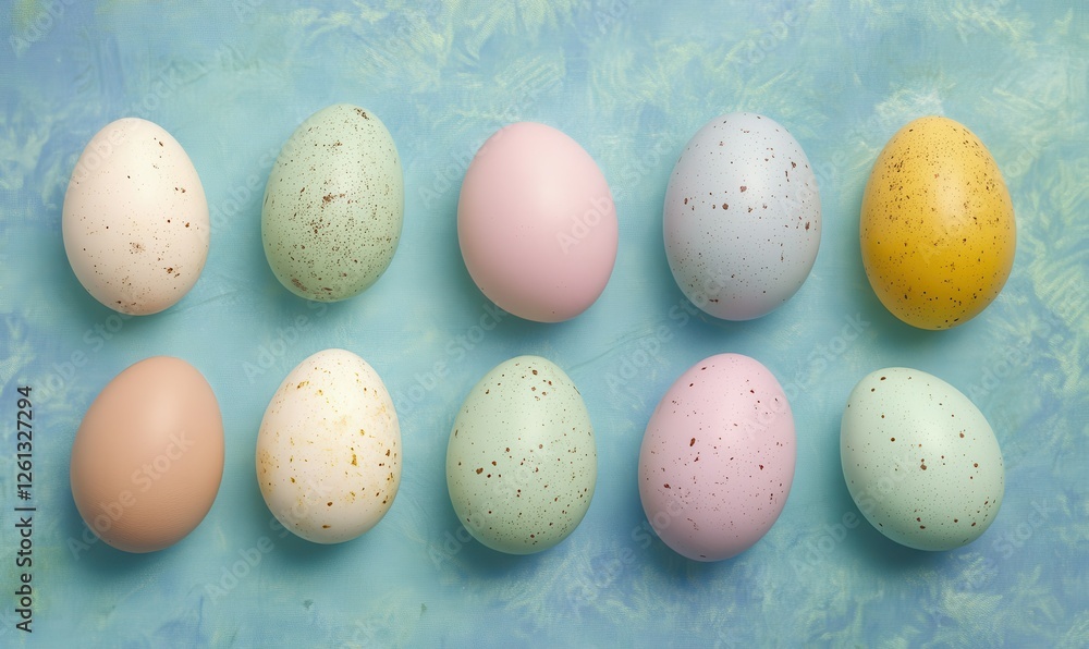 Poster a top view of pastel easter eggs displayed on a blue background, using a flat lay technique.