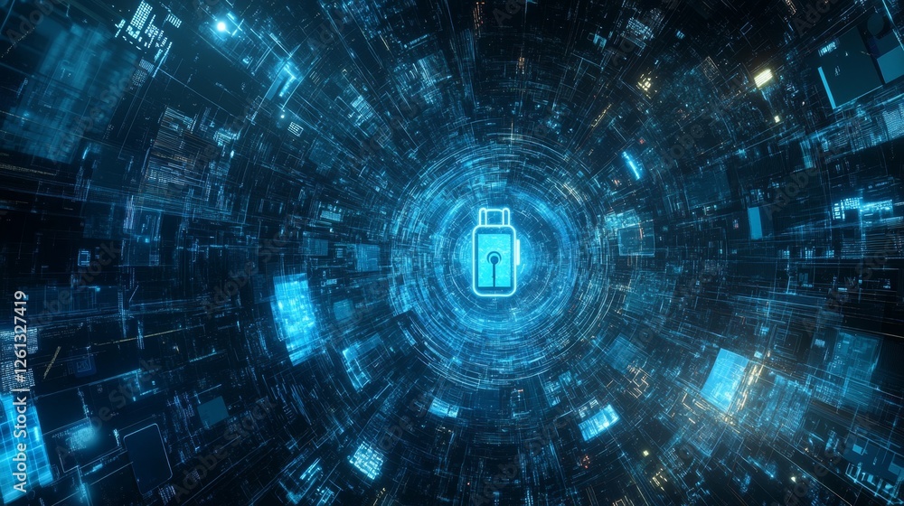 Poster unlocking the future a digital lock above a tech matrix