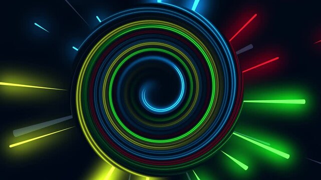 abstract colorful background with spinning center and light trails flying, looping background, 4K, 32 Bit Color Depth. Celebration and Festive Background. VJ loop, backdrop of glowing colors