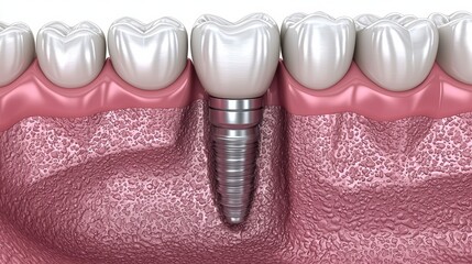 Realistic 3d illustration of a dental implant with crown detail