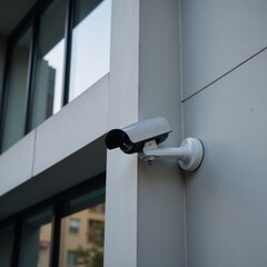 High-angled perspective of a streamlined security camera atop a contemporary buildings stonewall
