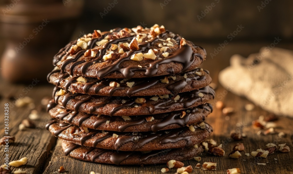Poster an appetizing stack of cookies drizzled with chocolate and sprinkled with chopped nuts on a rustic w