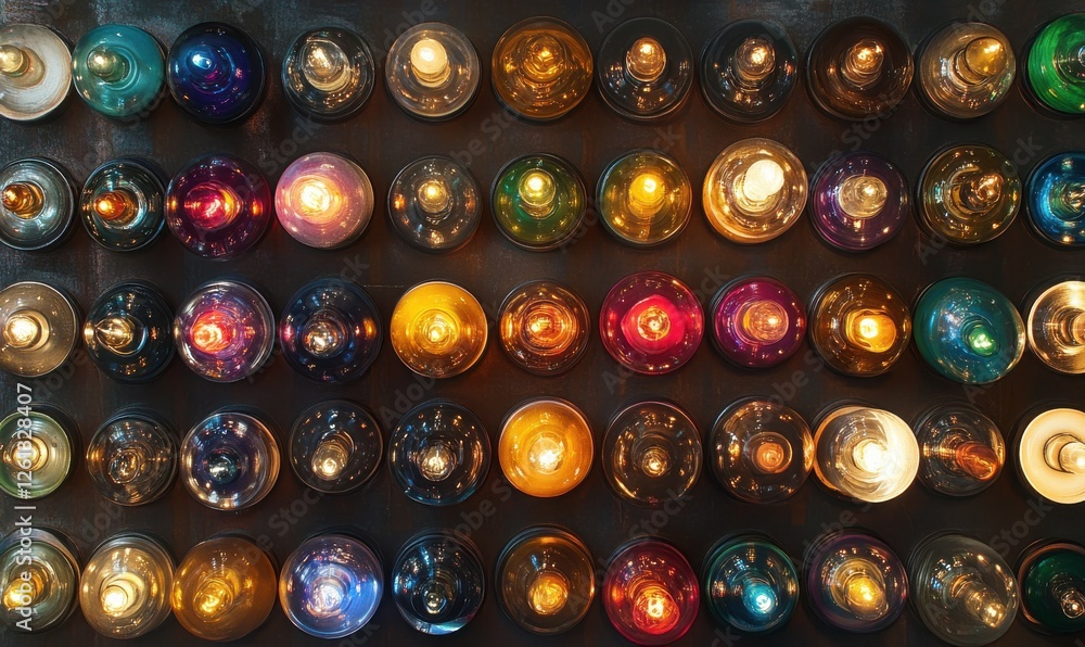 Poster an array of light bulbs placed on a flat surface, ready to be used or shown.