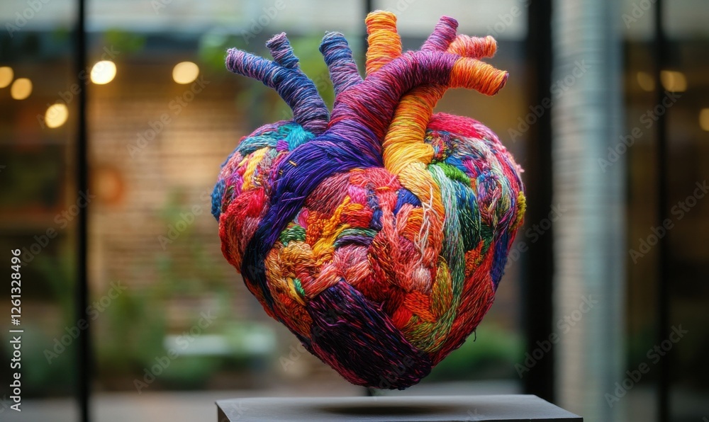Poster an artistic portrayal of a human heart crafted from multicolored threads, each thread signifying dif